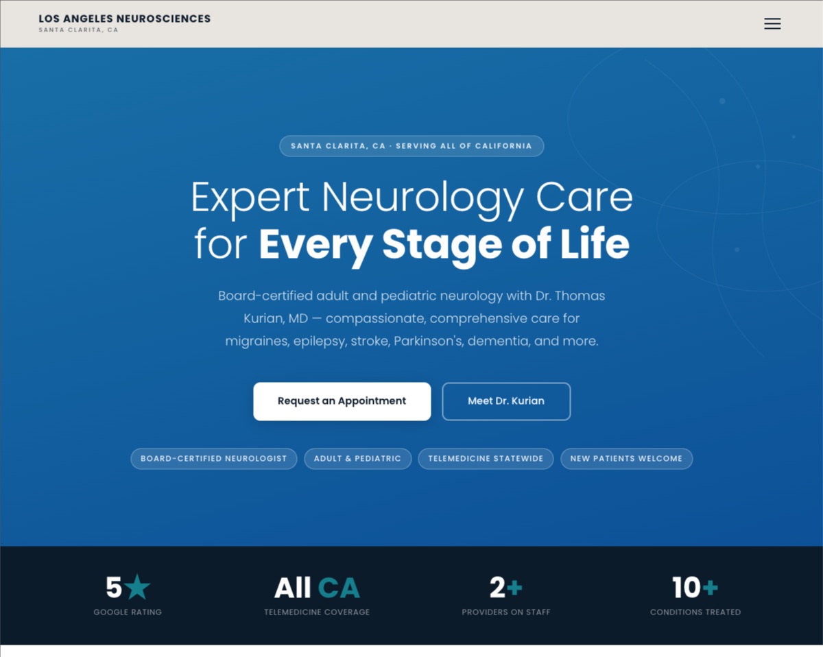 The rebuilt Los Angeles Neurosciences site, with a hero reading Expert Neurology Care for Every Stage of Life that names migraines, epilepsy, stroke, Parkinsons and dementia, above a strip of practice statistics.