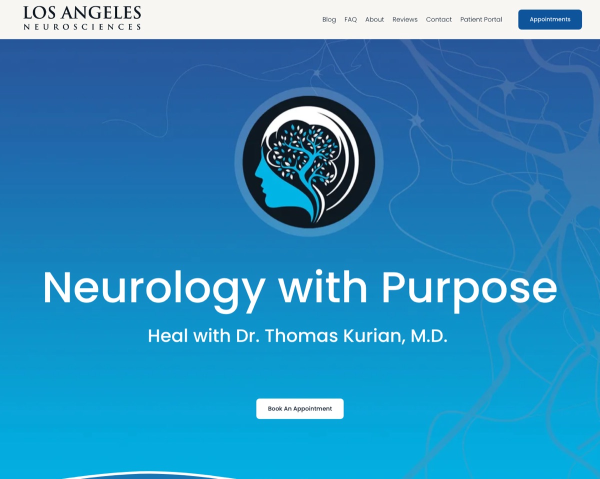 The previous Los Angeles Neurosciences site, a Squarespace page with a blue hero reading Neurology with Purpose, and a nav of Blog, FAQ, About, Reviews, Contact and Patient Portal.